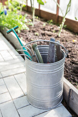 Gardening tools in a metal bucket