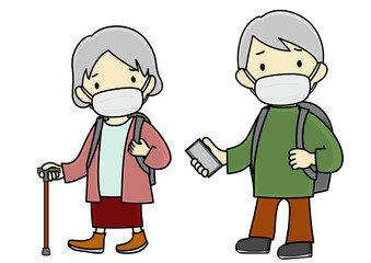 マスクを着けて避難するシニア夫婦のイラスト
