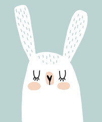 Cute Hand Drawn Vector Illustration with White Funny Bunny Isolated on a Pastel Blue Background. Infantile Style Easter Bunny ideal for Card, Greeting, Poster, Wall Art.