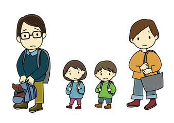 キャリーに入れたペットと避難する家族のイラスト