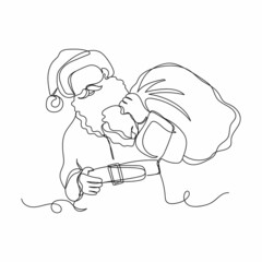 Continuous one line drawing of xmas christmas santa claus holding sack or bag with presents new year concept in silhouette on a white background. Linear stylized.