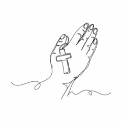 Continuous one line drawing of praying holding cross in silhouette on a white background. Linear stylized.