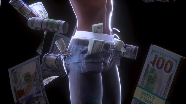 3d black guy with money and gun in blue jin