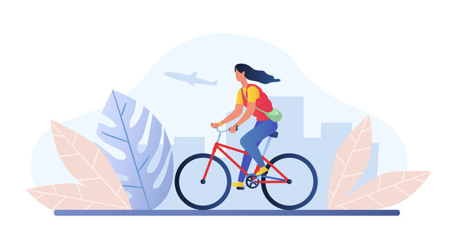 Woman riding bicycle concept. Female character with bag moves around city on ecological transport. Girl engaged in sports. Cartoon modern flat vector illustration isolated on white background