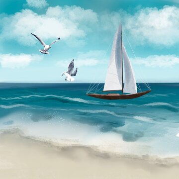 Illustration of a sailing yacht against the background of the ocean. Seascape