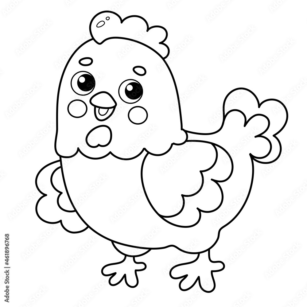 Wall mural coloring page outline of cartoon chicken or hen. farm animals. coloring book for kids.