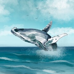 A watercolor whale jumps out of the water. Colorful illustration of a whale