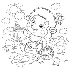 Coloring Page Outline Of cartoon little hedgehog with a basket for mushrooms in the forest. Coloring Book for kids.