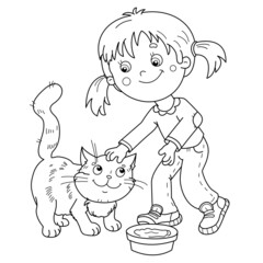 Coloring Page Outline Of cartoon little girl with her cat. Pet. Coloring Book for kids.