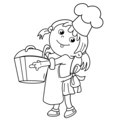 Coloring page outline of cartoon girl chef with large pot. Little cook or scullion in apron and chef hat. Profession. Coloring Book for kids.