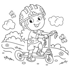 Coloring Page Outline Of cartoon girl on the scooter. Coloring book for kids