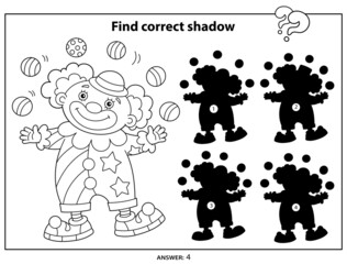 Naklejka premium Puzzle Game for kids. Find correct shadow. Coloring Page Outline of cartoon circus clown with colorful balls. Coloring book for children.