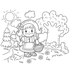 Coloring Page Outline Of cartoon cute girl with basket walking through the forest. Little red riding hood. Fairy tale. Fabulous hero. Coloring Book for kids.