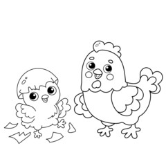 Coloring Page Outline of cartoon chicken or hen with newborn chick. Nestling with egg. Coloring book for kids.