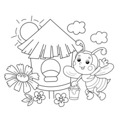 Coloring Page Outline of cartoon little bee with honey on flower meadow next to the hive. Summer. Coloring book for kids.