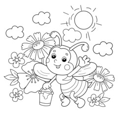 Fototapeta premium Coloring Page Outline of cartoon little bee with honey on flower meadow. Summer. Coloring book for kids.