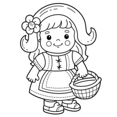 Coloring Page Outline Of cartoon cute girl with basket.  Little red riding hood. Fairy tale hero. Coloring Book for kids.