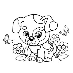 Coloring Page Outline Of cartoon little dog on flower clearing. Cute puppy with butterfly. Pet. Coloring book for kids
