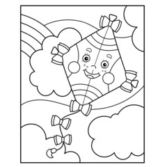 Coloring Page Outline of cartoon cheerful fly kite high in the sky. Summer bright toy. Coloring Book for kids.