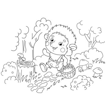 Coloring Page Outline Of cartoon little hedgehog with a basket for mushrooms in the forest. Coloring Book for kids.