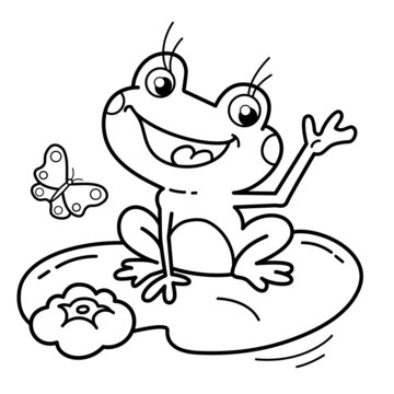 Coloring Page Outline Of cartoon cheerful frog on water lily with butterfly. Coloring Book for kids.