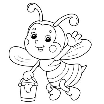 Coloring Page Outline of cartoon little bee with honey. Coloring book for kids.