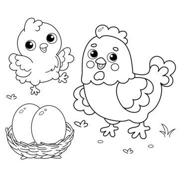 Coloring Page Outline of cartoon hen with little chick.  Chicken nest with eggs. Coloring book for kids.