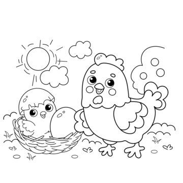 Coloring Page Outline of cartoon chicken or hen with newborn chick. Nest with egg. Coloring book for kids.