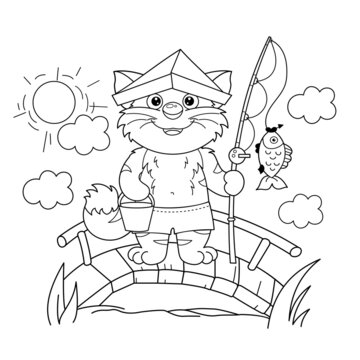 Coloring Page Outline of cartoon cat with fishing rod. Cheerful fisher or fisherman with fish. Coloring Book for kids.