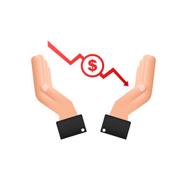 Money loss sign in hands. Cash with down arrow stocks graph, concept of financial crisis, market fall, bankruptcy. Vector stock illustration.