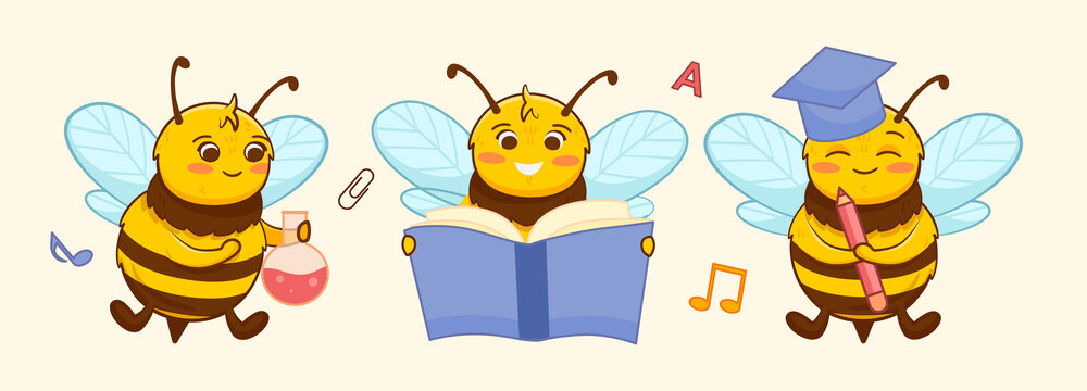 Bee Back to school set. Cute bumblebees with book, chemical flask and pencil. Little insect students. Education at school. Cartoon flat vector collection of stickers isolated on white background