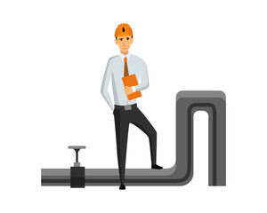 Oil petroleum industry. Engineer or oilman in professional work process isolated. Control extraction or transportation oil and petrol on flat cartoon icon. Isolated vector illustration