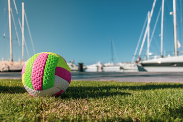 A colored ball on the lawn