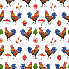 Seamless Pattern with hand-drawn Rooster, digitally colored