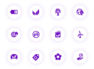 ecology purple color vector icons on light round buttons with purple shadow. ecology icon set for web, mobile apps, ui design and print