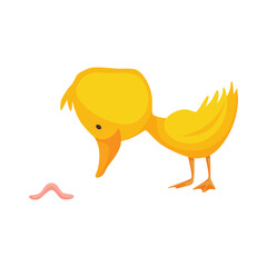 Cute chick. Baby cartoon yellow vector duck. Bird child character in funny facial expression, pose and gesture for graphic design. Catching worm