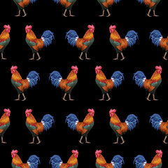 Seamless Pattern with hand-drawn Rooster, digitally colored