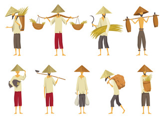 Collection of asian farmers in straw conical hata. Asia rural culture. Chinese farmers carrying yields rice harvest on his shoulders and in hands. Vector cartoon illustration