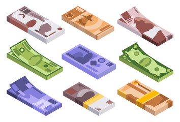 Collection of isometric stacks of money. Currency or cash icons. Bundle of banknotes. Stacks of cash symbol. Bills in packs isolated on white background