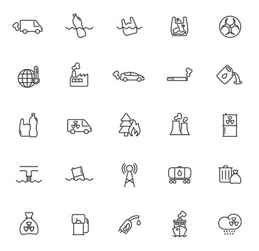 pollution outline vector icons isolated on white background. pollution icon set for web and ui design, mobile apps, print polygraphy and promo advertising business