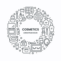 Fototapeta na wymiar Vector circle of cosmetics icons isolated on white. Beauty care and make up symbols in thin line style