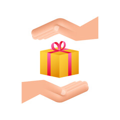 Gold prizes box in amazing style in hands. Present gift box icon. Vector stock illustration.