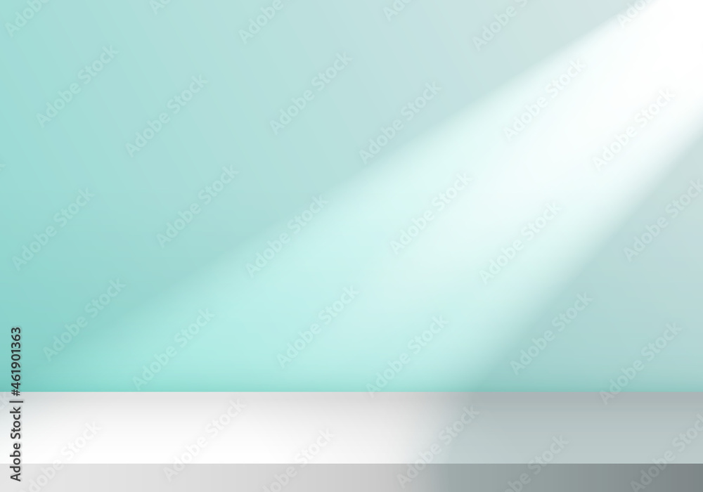 Wall mural 3d empty studio room with light shines from the window on stage soft blue minimal scene background