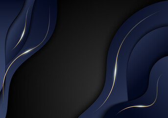 Abstract elegant dark blue color wave shape and gold lines with lighting on black background luxury style