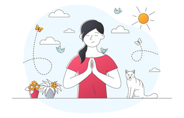 Girl meditates in nature. Peace of mind, calmness, mental health. Reminder of importance of taking care of yourself. Happy woman. Cartoon flat vector illustration isolated on white background