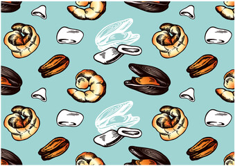 Sketch drawing pattern with colorful seafood isolated on blue background. Engraved hand drawn shrimp, prawn, clams, squid. Line art food wallpaper for cafe menu, snack packaging. Vector illustration.