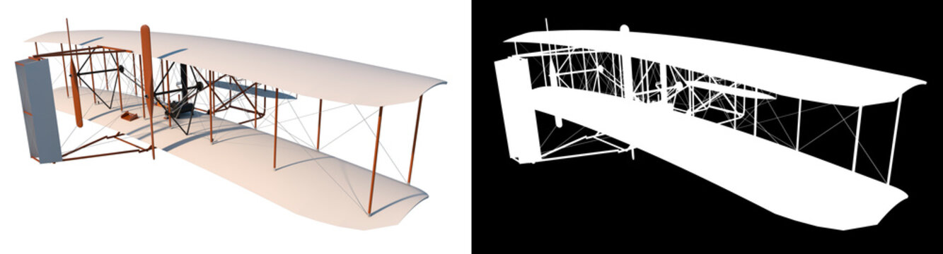 Wright Flyer 1- Perspective F view white background alpha png 3D Rendering Ilustracion 3D