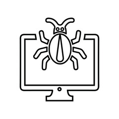 Computer, bug outline icon. Line art design.