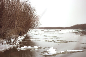 Frozen river with frost ice and snowy bushes on riverside, authentic cold landscape in cloudy overcast weather