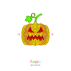Abstract maze pumpkin. Game for children and parents. Puzzle for kids. Labyrinth conundrum. Flat vector illustration isolated on white background. One Entrance, One Exit. Cartoon style.